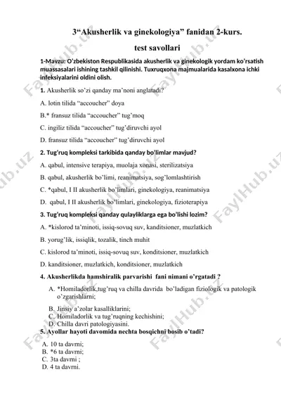 "akusherlik va ginekologiya" fanidan test savollari — DOCX