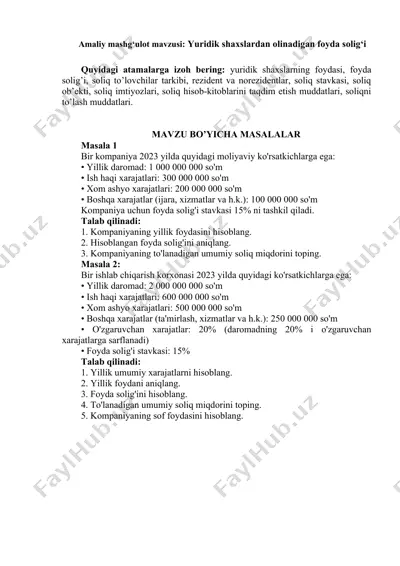 yuridik shaxslardan olinadigan foyda solig‘i — DOCX