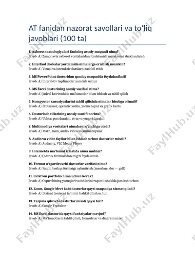 at fanidan nazorat savollari va to‘liq javoblari (100 ta) — DOCX