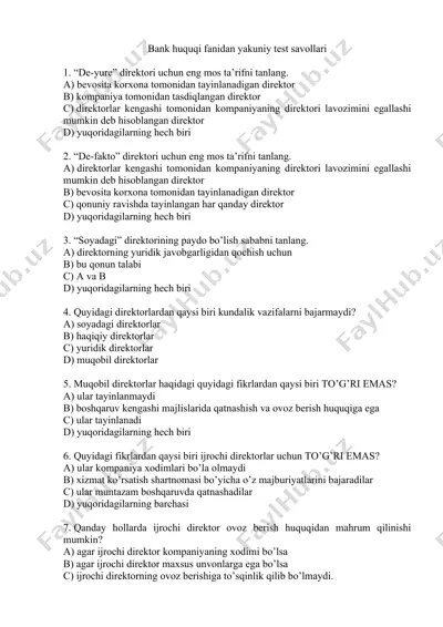 bank huquqi fanidan yakuniy test savollari — DOCX