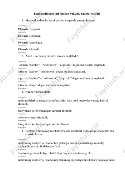 bank auditi asoslari fanidan yakuniy nazorat testlari — DOCX