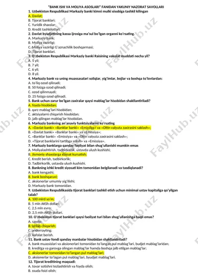 "bank ishi va moliya asoslari" fanidan yakuniy nazorat savollari — DOCX