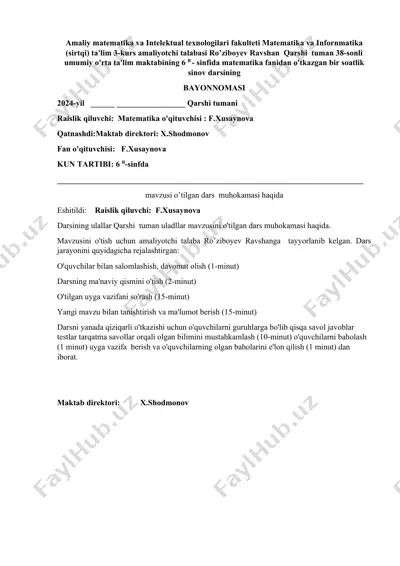 matematika fanidan o'tkazilgan sinov darsi bayonnomasi — DOC