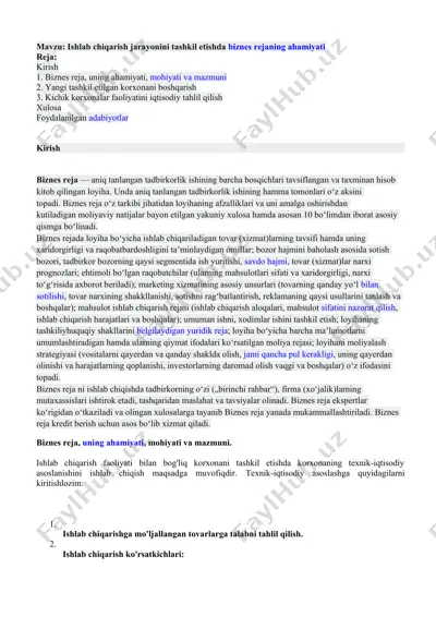 ishlab chiqarish jarayonini tashkil etishda biznes rejani tayyorlash — DOCX