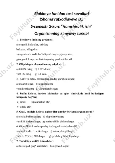 biokimyo fanidan test savollari — DOCX