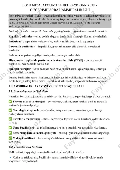 bosh miya jarohatida uchraydigan ruhiy ozgarishlarda hamshirlik ishi — DOCX