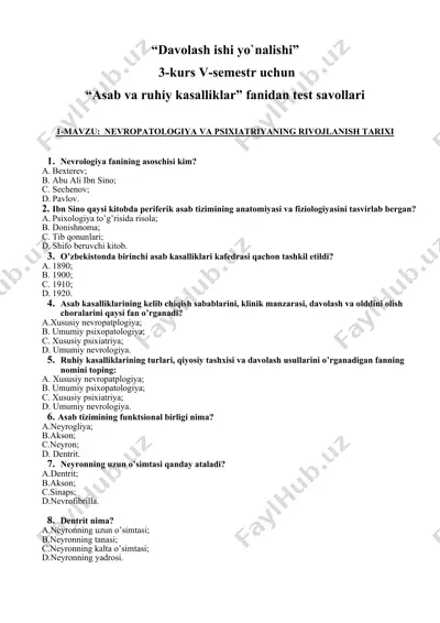 nevropatologiya va psixiatriya test savollari — DOCX