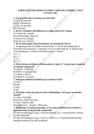 farmatsevtik kimyo fanidan oralıq nazorat test savollari — DOCX