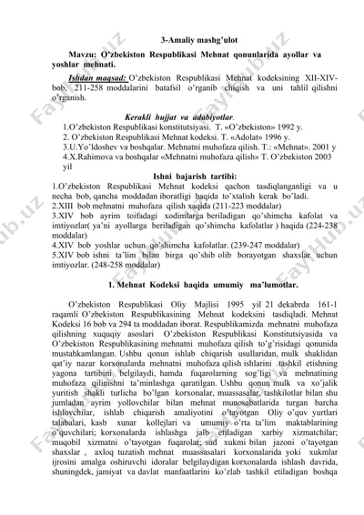 o’zbekiston respublikasi mehnat qonunlarida ayollar va yoshlar mehnati — DOCX