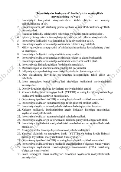 investitsiyalar boshqaruvi fani bo’yicha mustaqil ish mavzulari — DOCX