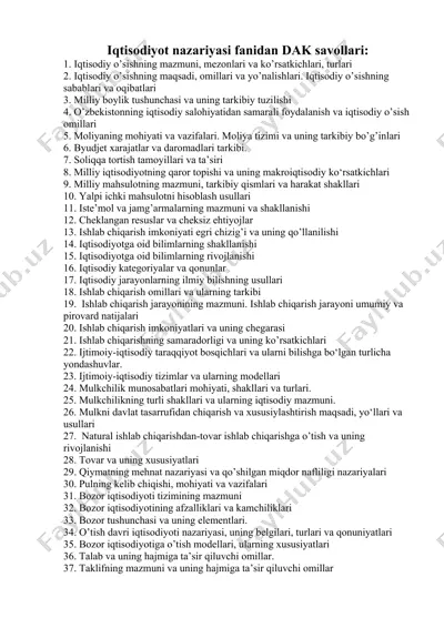 iqtisodiyot nazariyasi fanidan dak savollari — DOCX