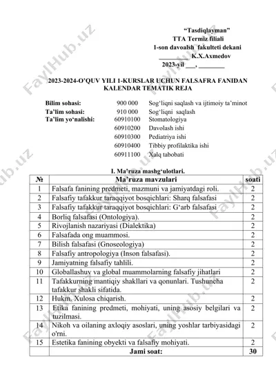 falsafra fanidan kalendar tematik reja — DOCX