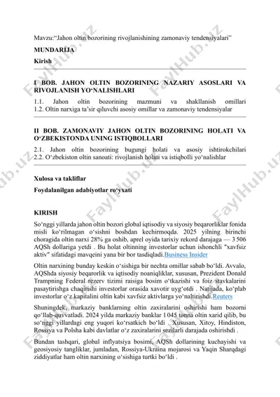 jahon oltin bozorining rivojlanishining zamonaviy tendensiyalari — DOCX