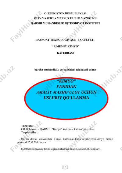 uslubiy qo’llanma «umumiy kimyo» fanidan amaliy mashg’ulot uchun — DOCX
