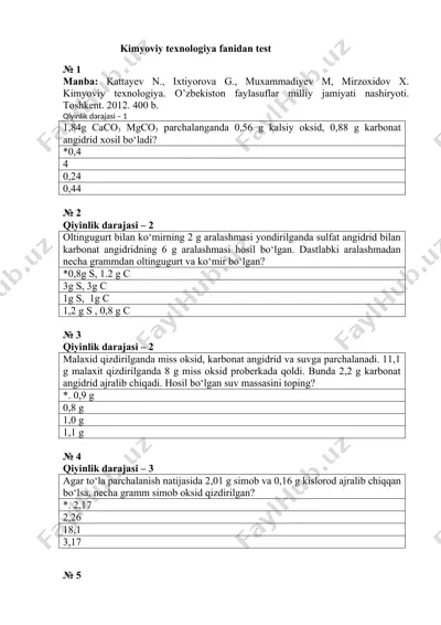 kimyoviy texnologiya fanidan test — DOC
