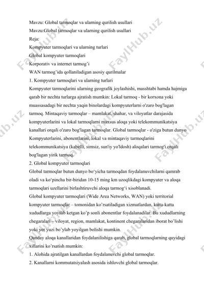 global tarmoqlar va ularning qurilish usullari — DOCX