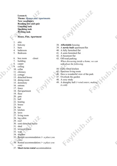 houses and apartments vocabulary — DOCX