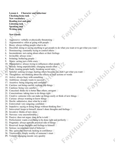 character and behaviour vocabulary — DOCX