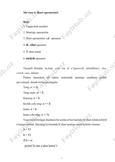 python dasturlash tili shart operatorlari — DOCX