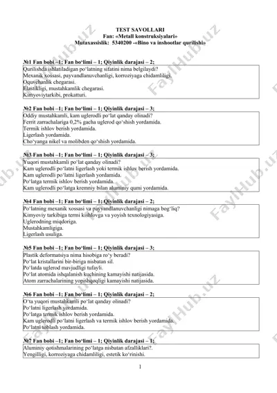metall konstruksiyalari test savollari — DOC