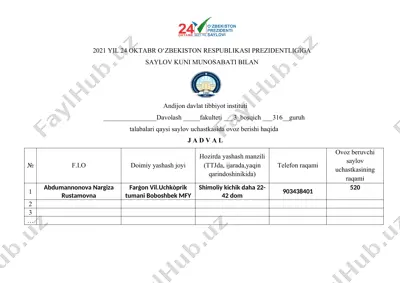 saylov kuniga ovoz berish jadvali — DOCX