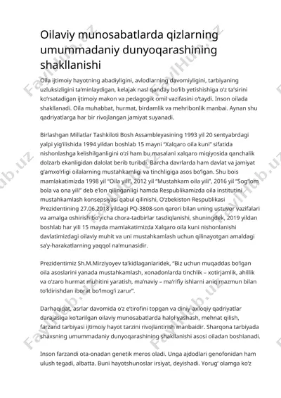 oilaviy munosabatlarda qizlarning umumiy dunyoqarashining shakllanishi — DOCX