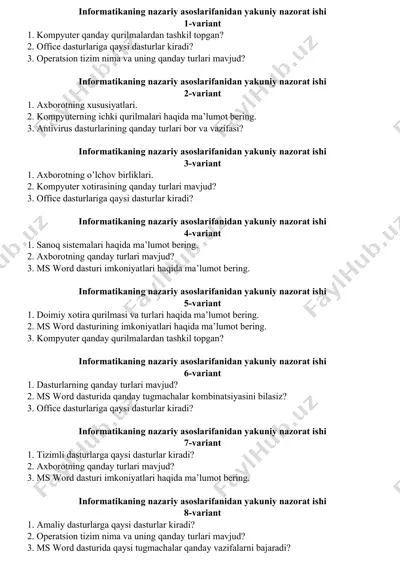 informatikaning nazariy asoslarifanidan yakuniy nazorat ishi — DOCX