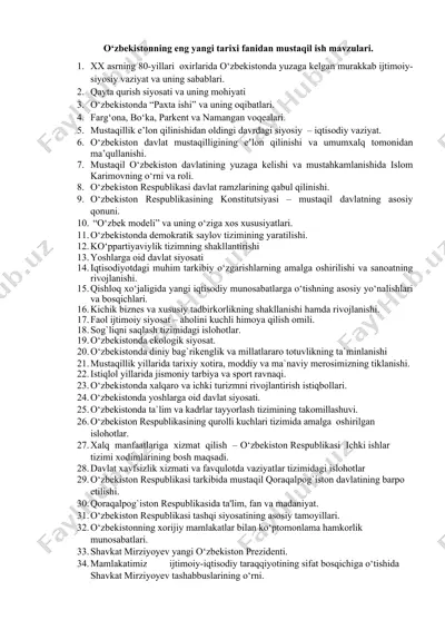 o‘zbekistonning eng yangi tarixi fanidan mustaqil ish mavzulari. — DOCX
