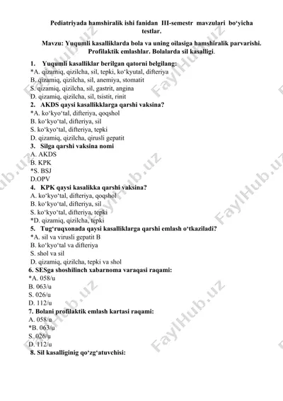 pediatriyada hamshiralik ishi fanidan iii-semestr mavzulari bo‘yicha testlar — DOCX