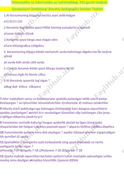 qoraqulova ozodaning umumiy pedagogika fanidan testlari — DOCX