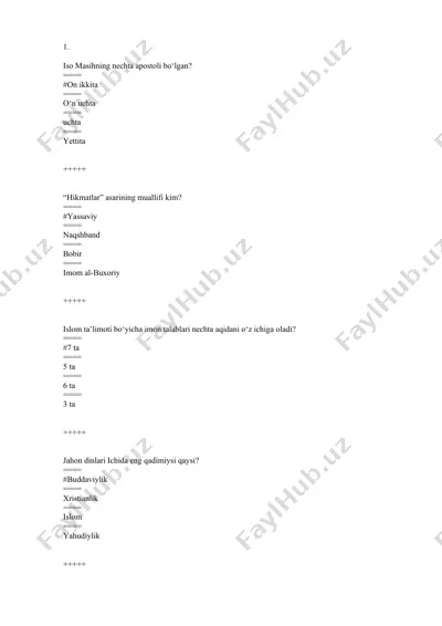 dinshunoslik test savollari — DOCX