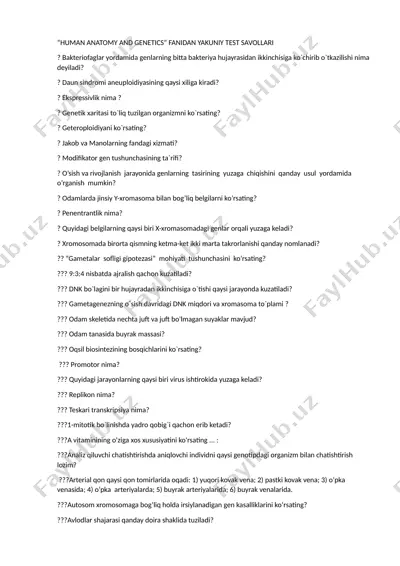 human anatomy and genetics fanidan yakuniy test savollari — DOCX