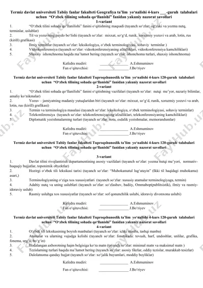 "o‘zbek tilining sohada qo‘llanishi" fanidan yakuniy nazorat savollari — DOCX
