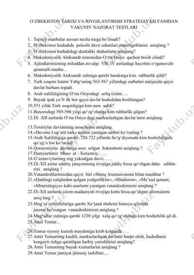 o’zbekiston tarixi va rivojlantirish strategiyasi fanidan yakuniy nazorat testlari — DOC