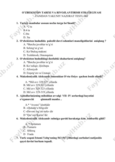 o’zbekiston tarixi va rivojlantirish strategiyasi fanidan yakuniy nazorat testlari — DOC
