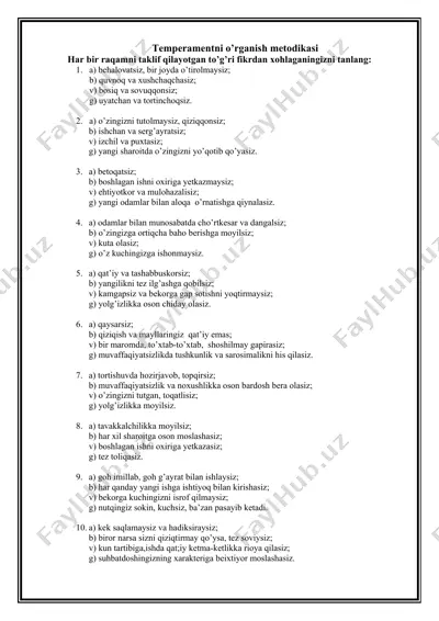 temperamentni o’rganish metodikasi — DOC