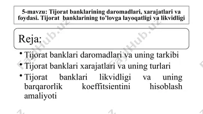 tijorat banklarining daromadlari, xarajatlari va foydasi — PPTX