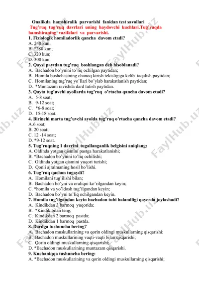 onalikda hamshiralik parvarishi fanidan test savollari — DOCX