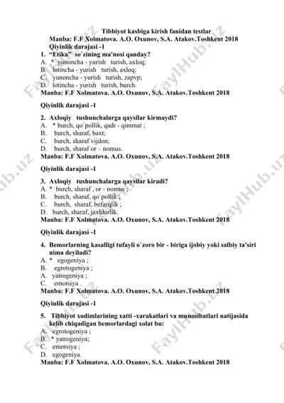 tibbiyot kasbiga kirish fanidan testlar — DOCX