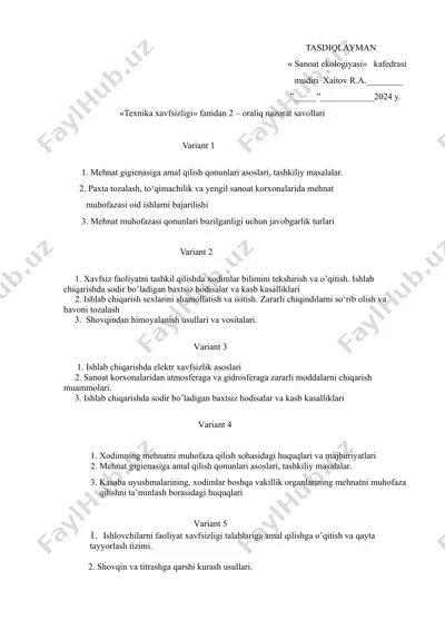"texnika xavfsizligi fanidan 2 – oraliq nazorat savollari" — DOCX