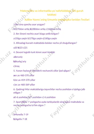xalilov navro`zning umumiy pedagogika fanidan testlari — DOCX