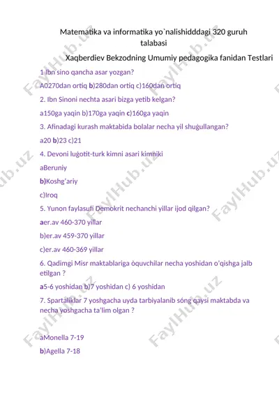 xaqberdiev bekzodning umumiy pedagogika fanidan testlari — DOCX