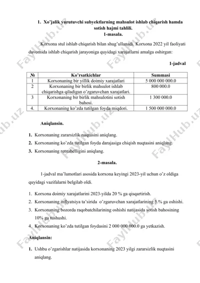 korxona stul ishlab chiqarish tahlili — DOCX