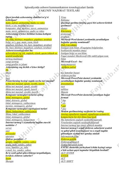 iqtisodiyotda axborot kummunikatsion texnologiyalari fanida yakuniy nazorat testlari — DOCX