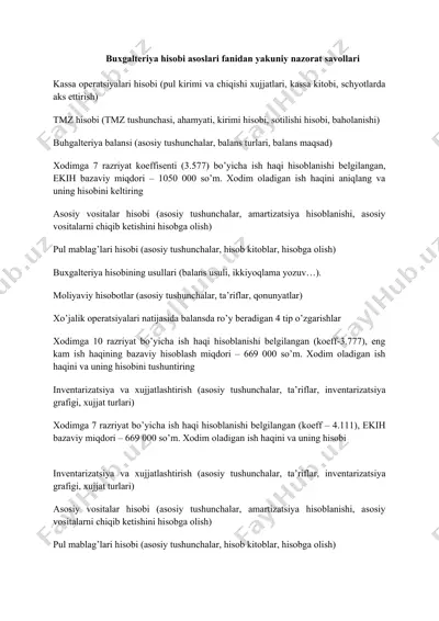 buxgalteriya hisobi asoslari fanidan yakuniy nazorat savollari — DOCX