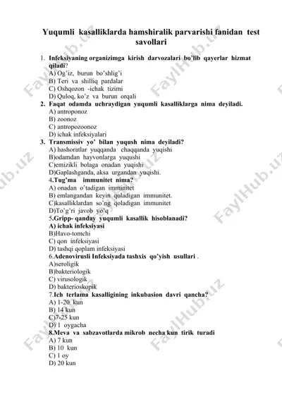 yuqumli kasalliklarda hamshiralik parvarishi fanidan test savollari — DOC