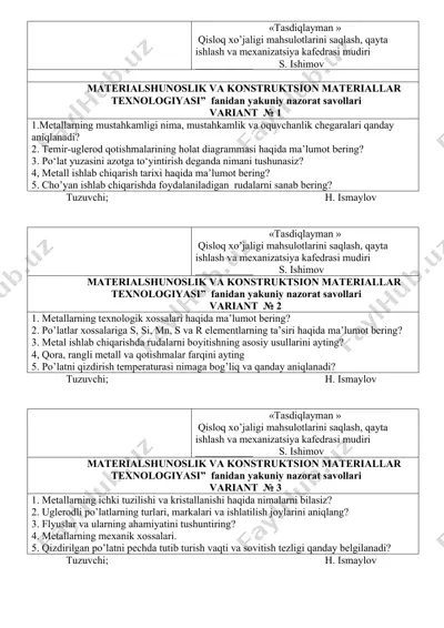 materialshunoslik va konstruktsion materiallar texnologiyasi nazorat savollari — DOCX