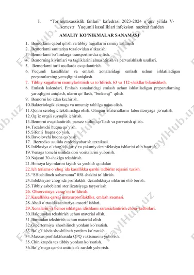 yuqumli kasalliklari infeksion nazorat faniga oid amaliy konikmalar sanamasi — DOCX