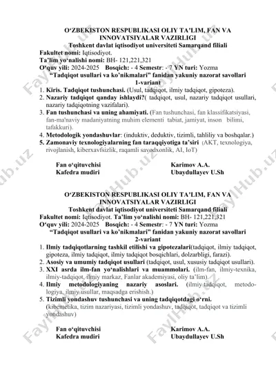 tadqiqot usullari va ko’nikmalari fanidan yakuniy nazorat savollari — DOC