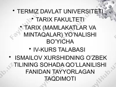 ismailov xurshidning o'zbek tilining sohada qo'llanilishi fanidan tayyorlagan taqdimoti — PPTX